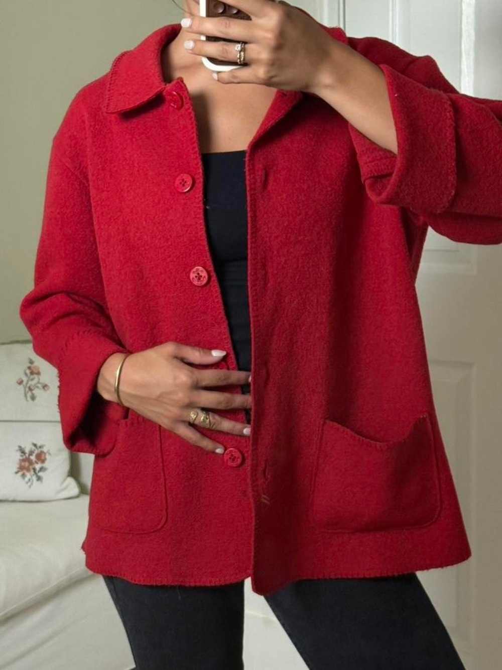 Vintage Red Button-Front boiled wool Cardigan Jacket